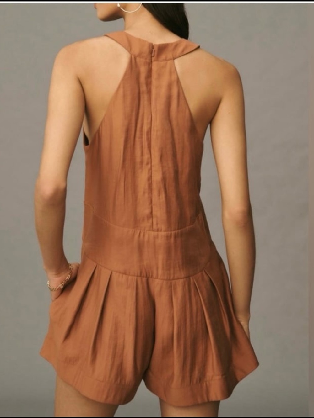 By Anthropologie Silky Brown V-Neck Pinafore Romper Size Small - Picture 6 of 13
